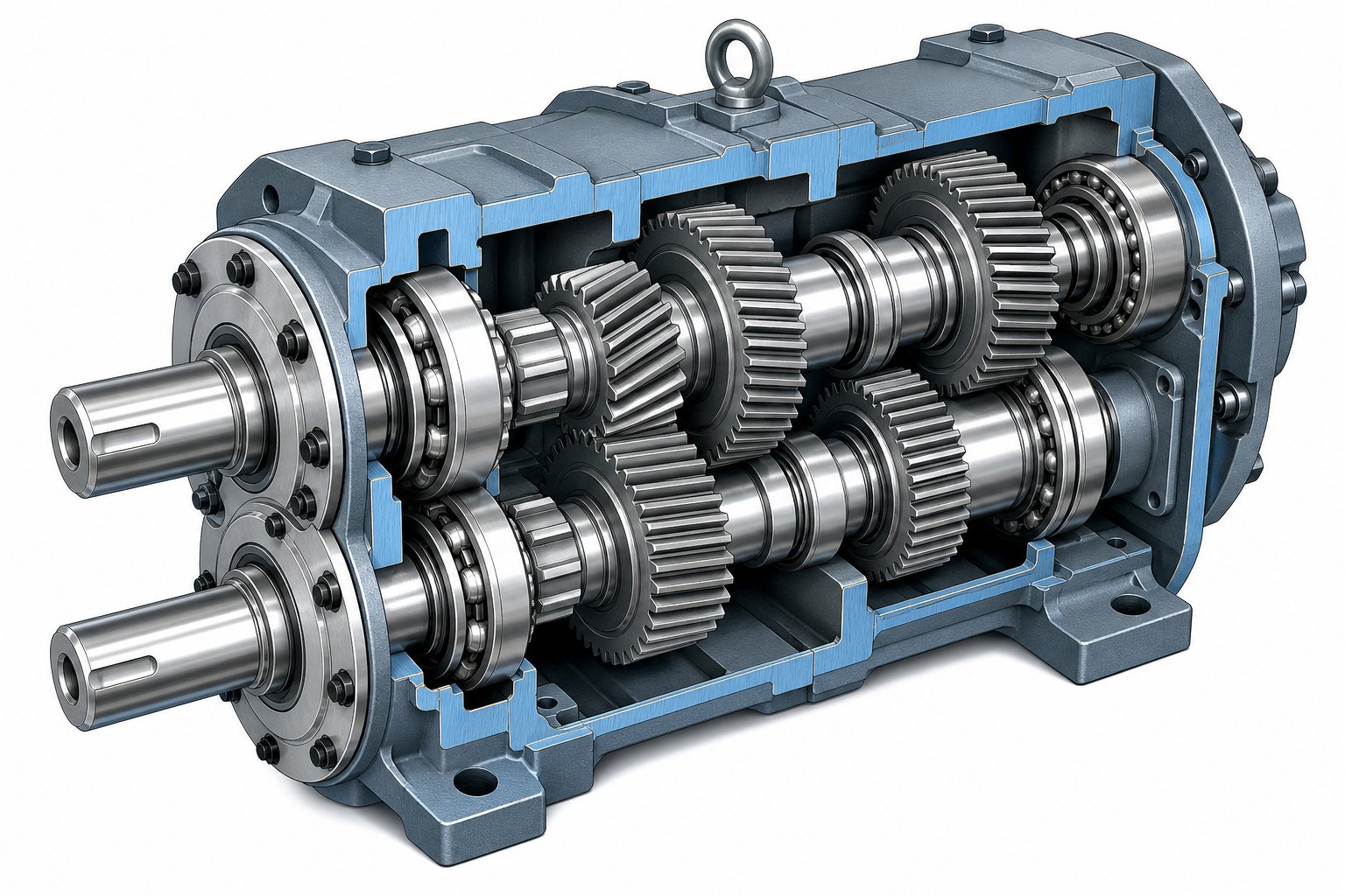 cutaway view of a co rotating twin screw extruder gearbox showing parallel shaft arrangement and gear mesh layout