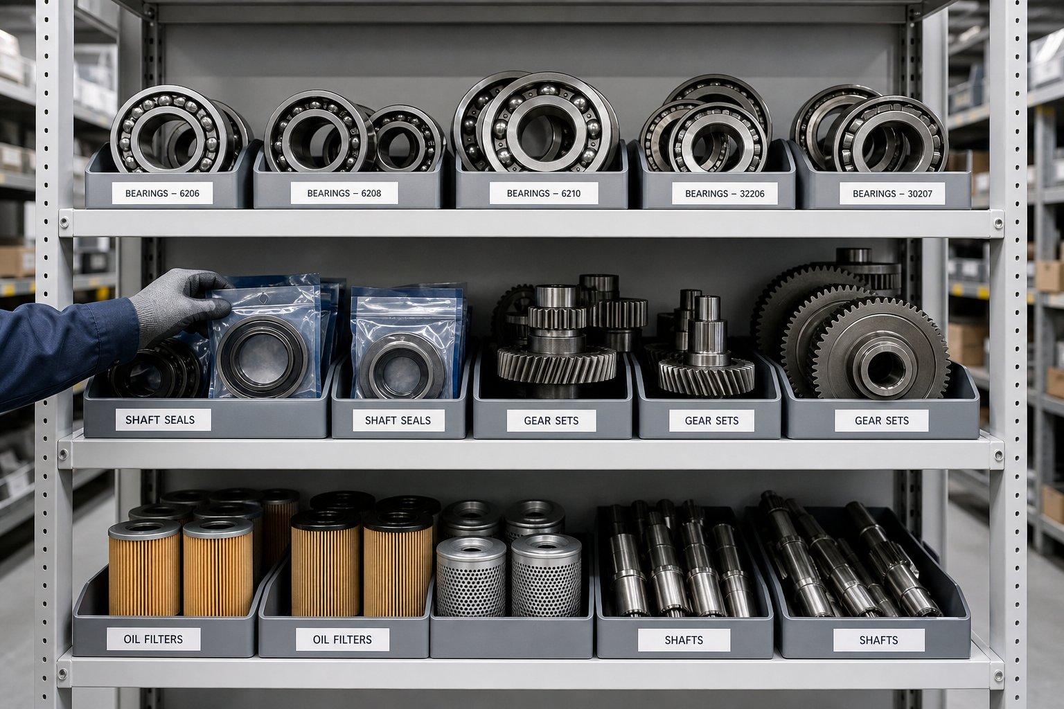 organized inventory of critical gearbox spare parts including bearings seals and gear sets for fast maintenance response