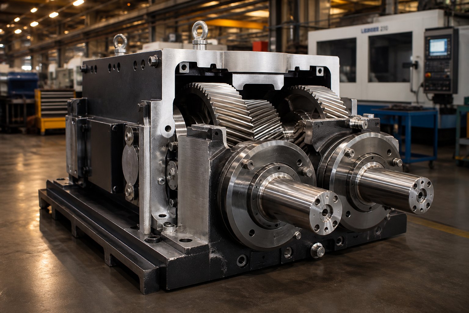 precision engineered twin screw extruder gearbox with dual synchronized output shafts and helical gear train