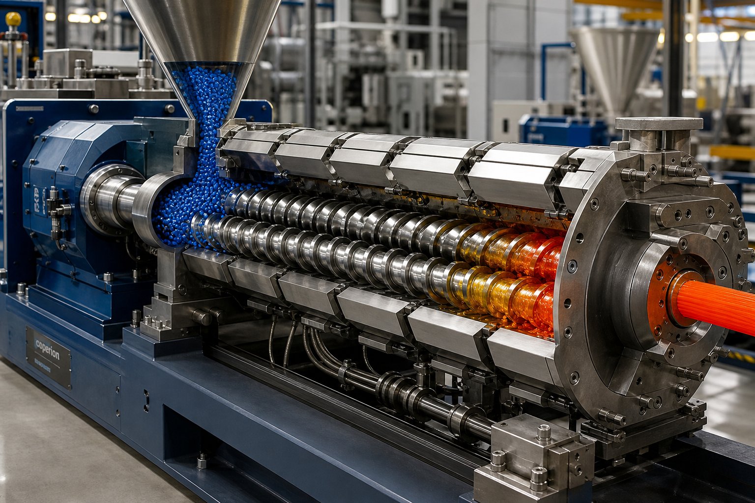 co rotating twin screw plastic extruder with intermeshing screws inside a modular heated barrel for polymer compounding
