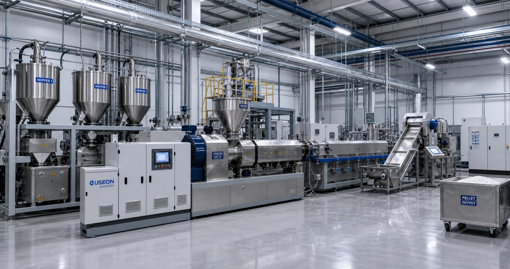 complete co rotating twin screw compounding line from upstream feeders through extruder to downstream pelletizing system
