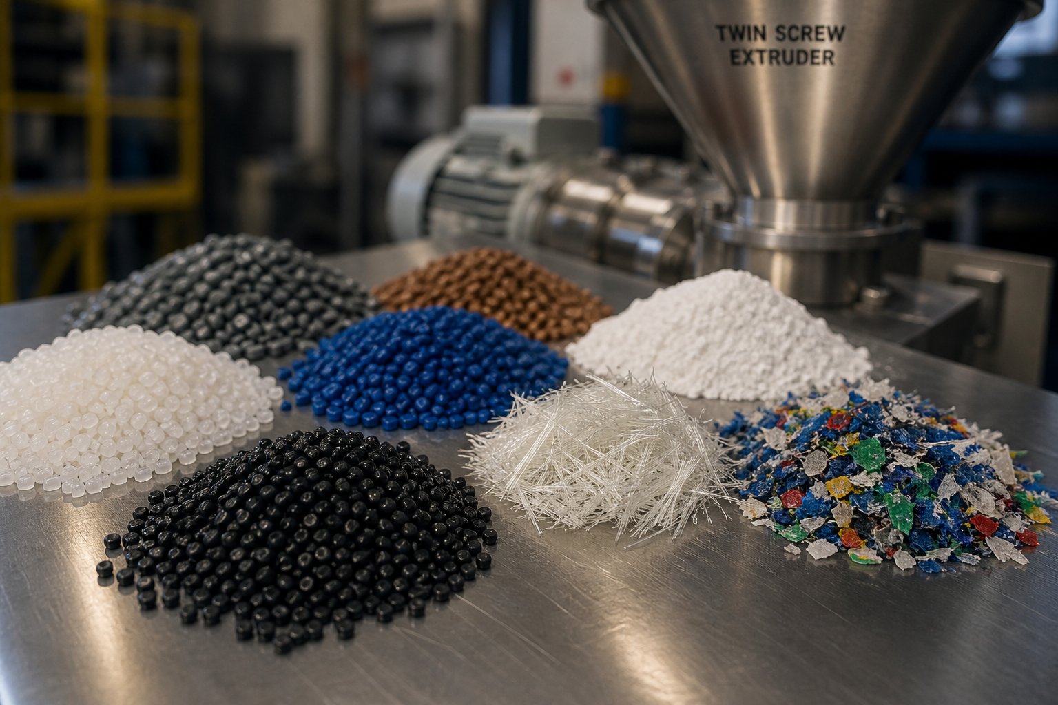 diverse polymer pellets glass fibers mineral fillers and recycled flakes used in co rotating twin screw compounding