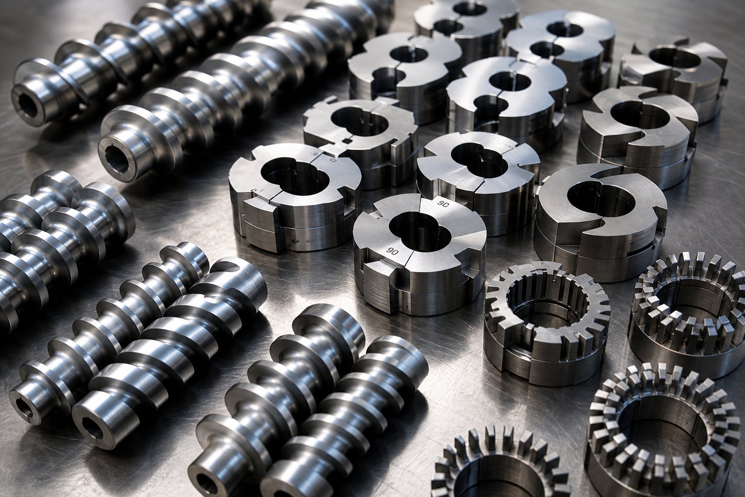 modular twin screw elements including conveying flights kneading blocks and mixing elements for custom screw profile assembly