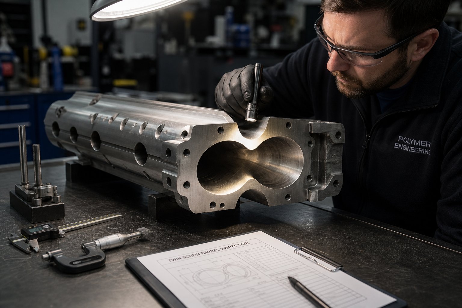 twin screw barrel segment inspection showing bimetallic liner bore profile during scheduled maintenance