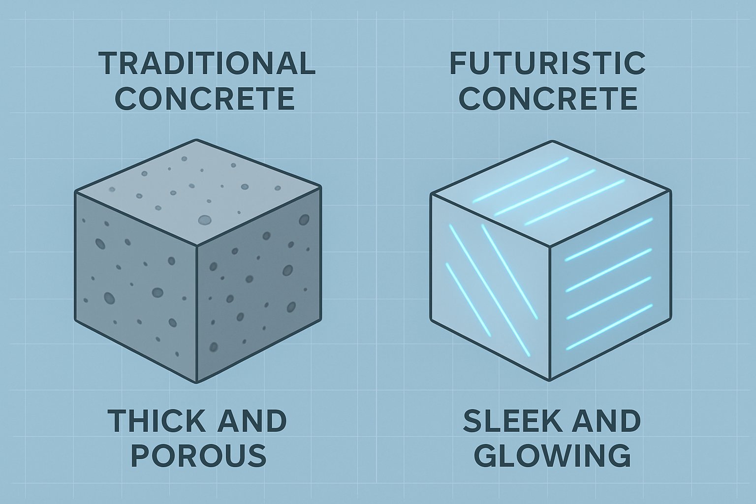 Abstract comparison of traditional concrete volume versus the streamlined profile of ultra high performance concrete