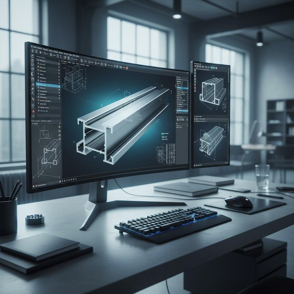 cad workstation showing aluminum extrusion profile design and simulation