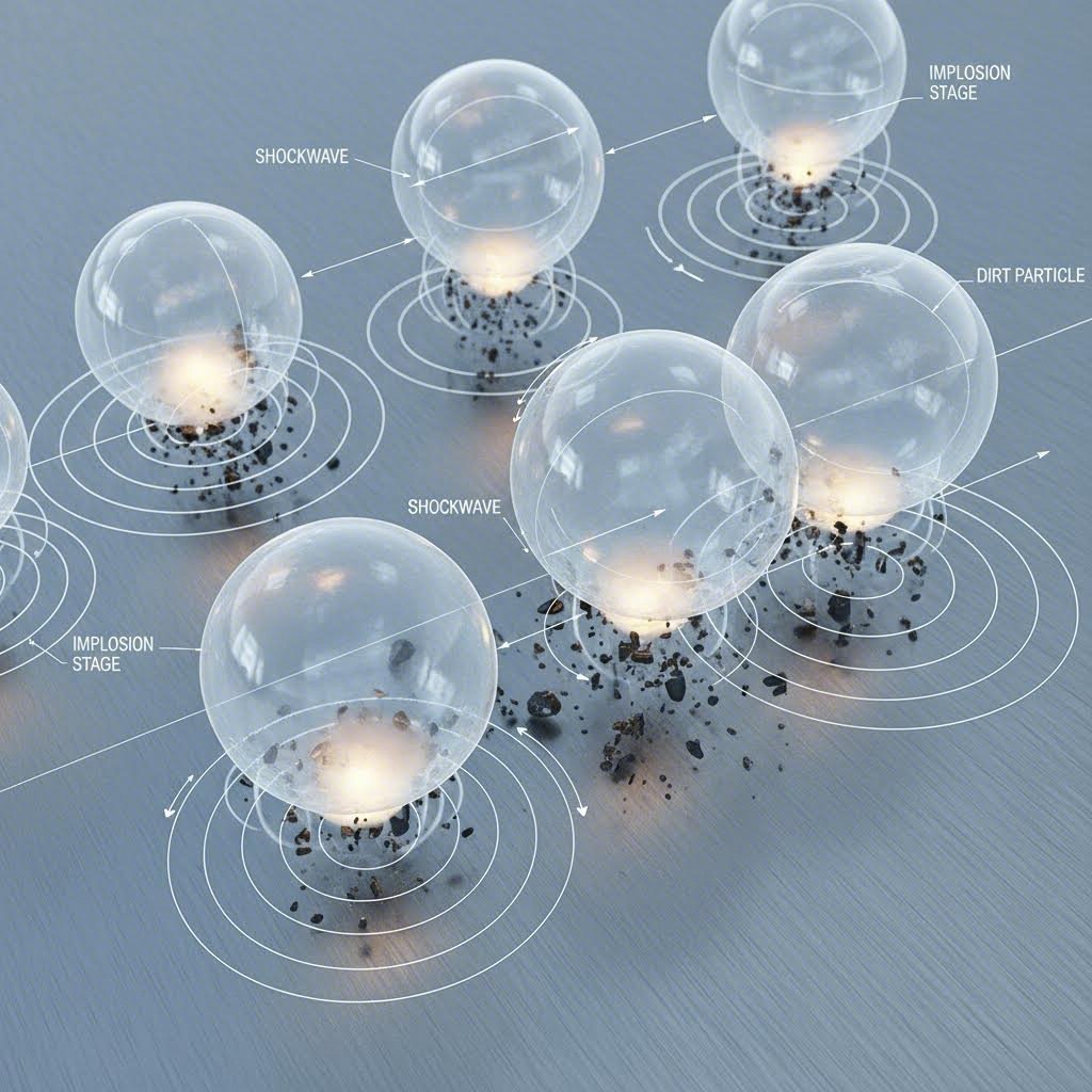 Ultrasonic cavitation bubbles scrubbing contaminants from a metal surface