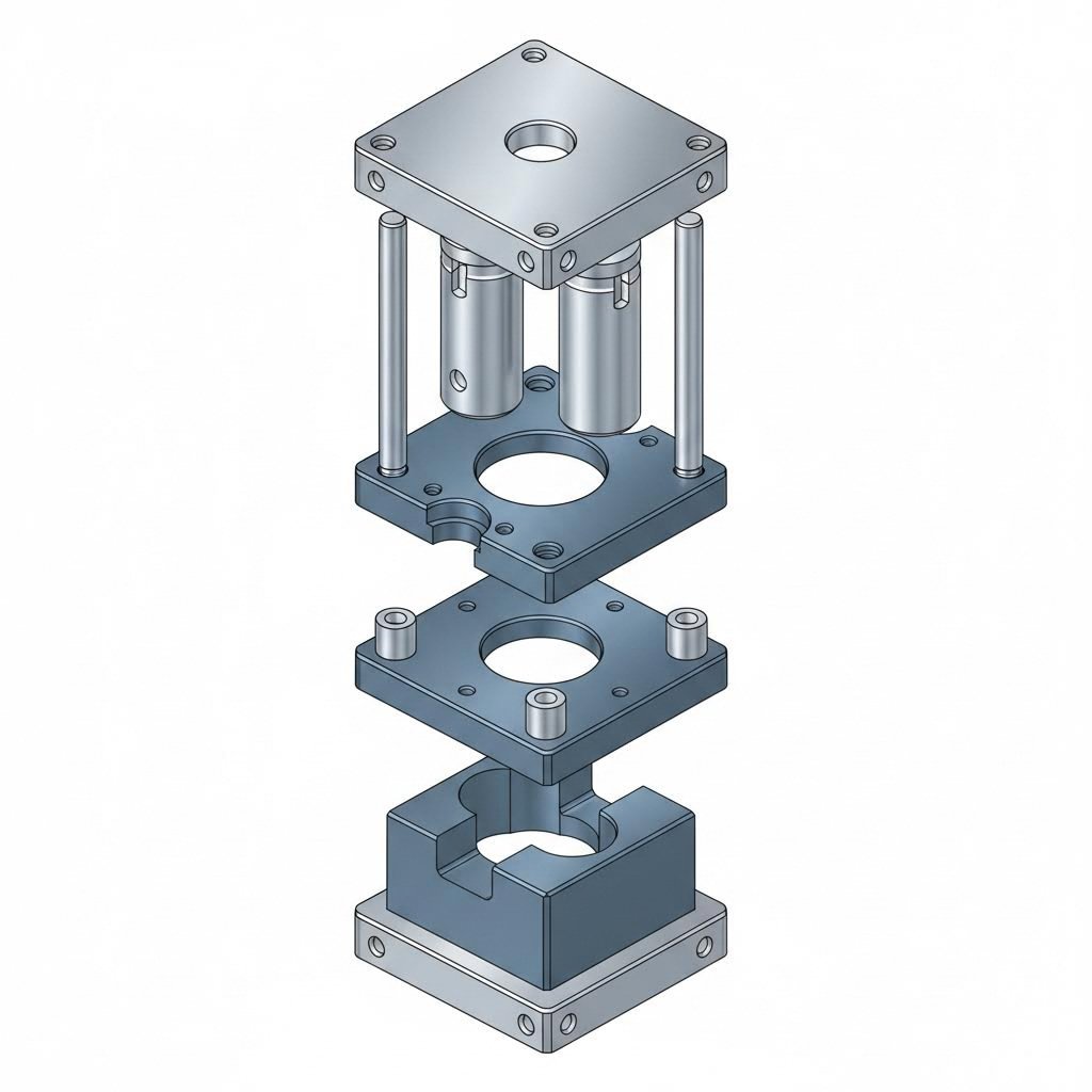 exploded view showing essential stamping die components and their arrangement