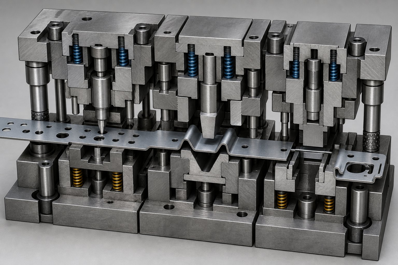info-1-1 a progressive die contains multiple stations that pierce form and cut metal sequentially as the strip advances with each press stroke