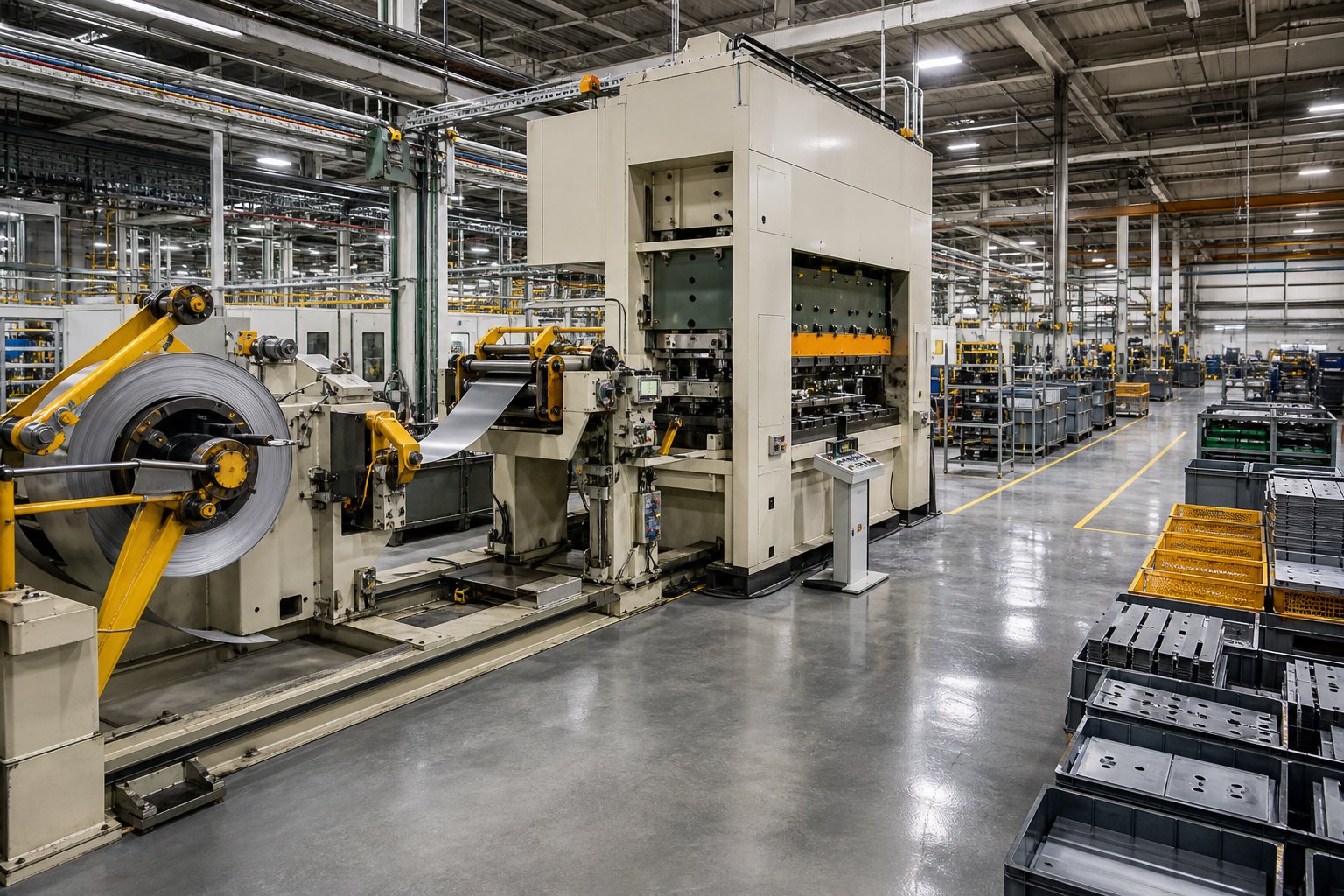 info-1-1 high volume progressive die stamping facility configured for continuous mass production with integrated coil feeding and automated part collection