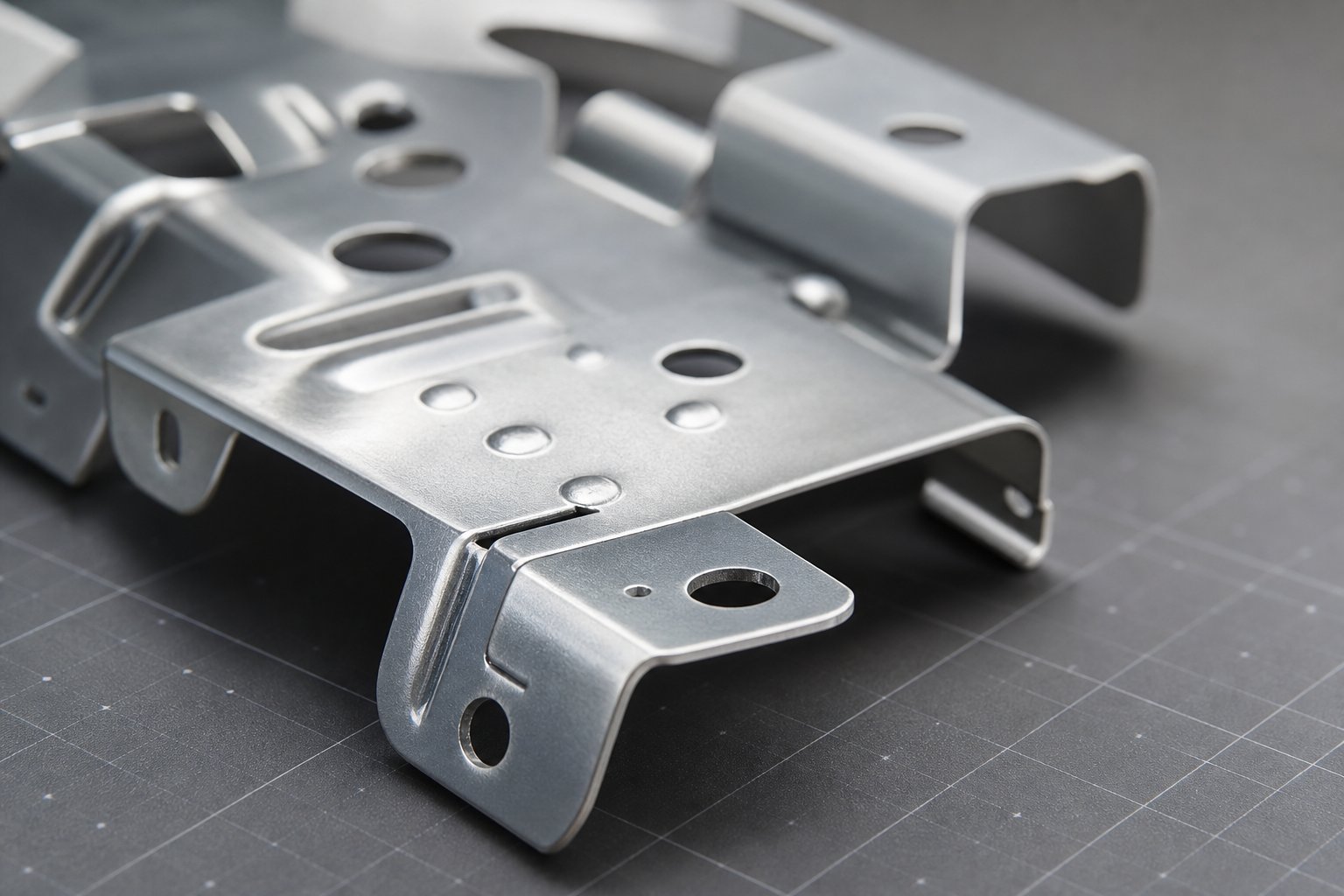 info-1-1 precision stamped metal part showing multiple in die features including pierced holes