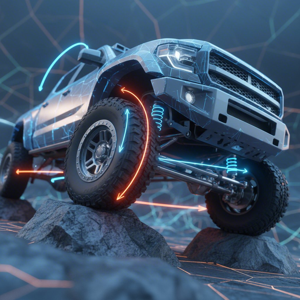 conceptual art of a trucks suspension articulating over rough terrain with upgraded control arms