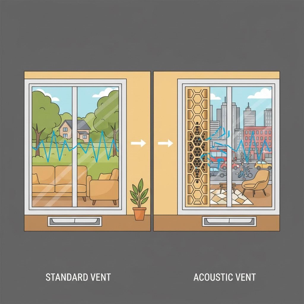 acoustic vents disrupt sound waves while standard vents allow noise to pass through freely