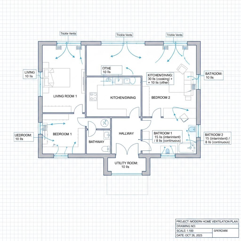 uk building regulations require specific ventilation capacities based on room type and property layout