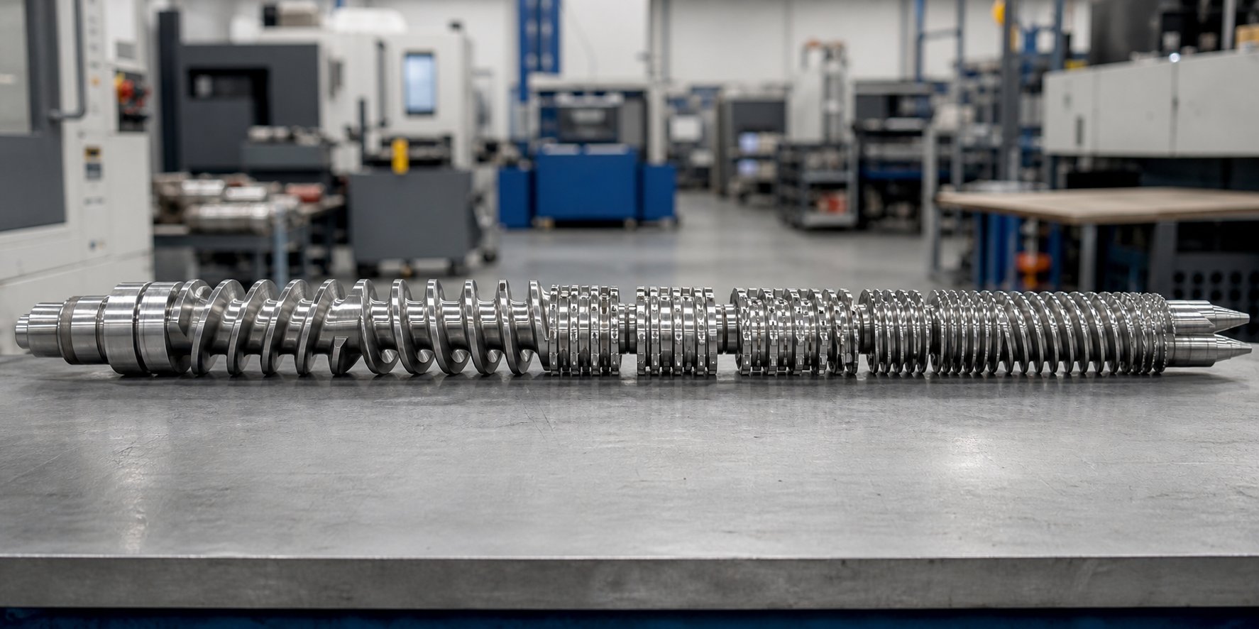 complete twin screw profile assembled on a shaft showing the element sequence from feed zone conveying through mixing and metering sections