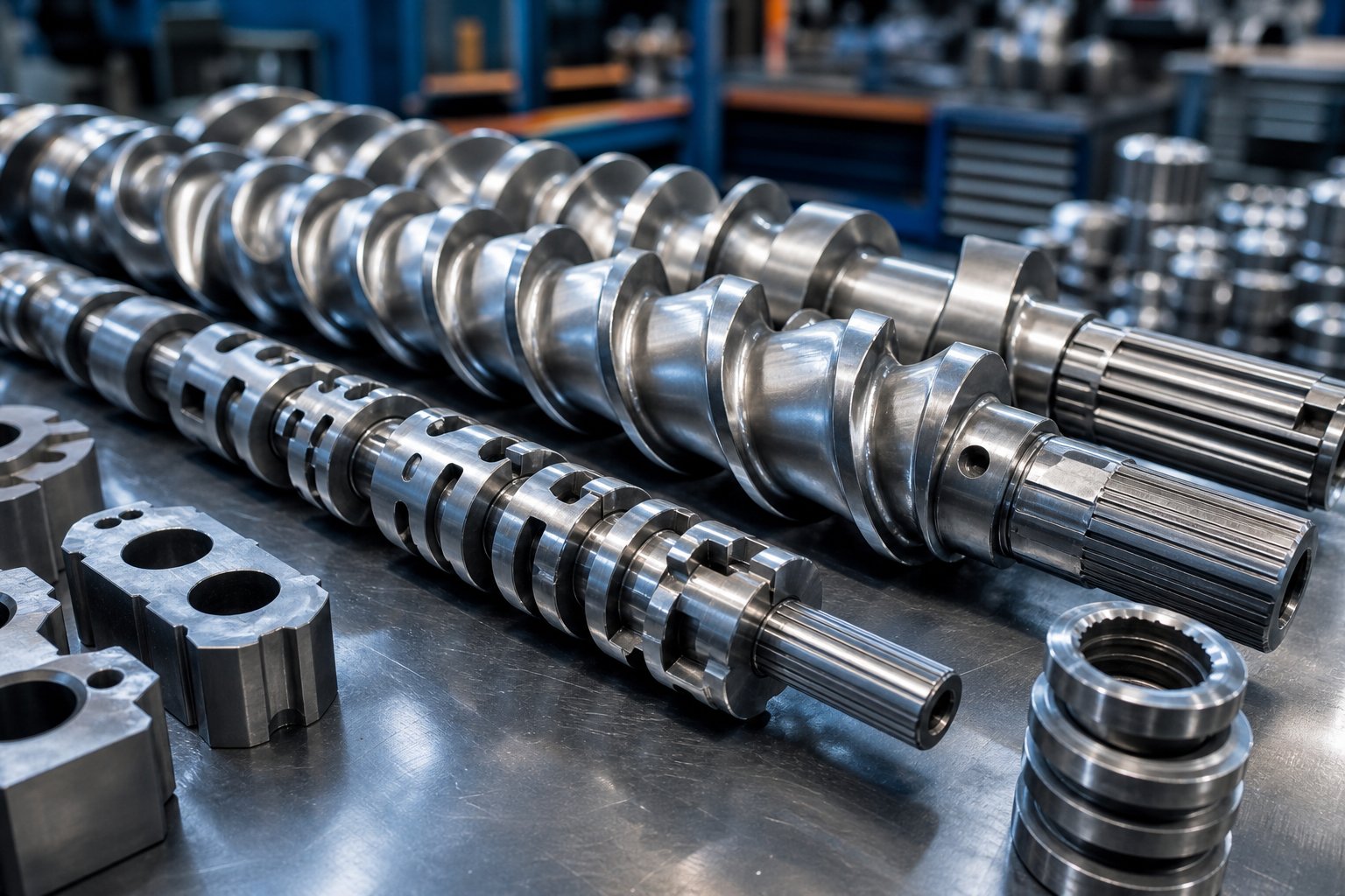 modular twin screw extruder screw elements on a splined shaft showing conveying segments and kneading blocks ready for profile assembly