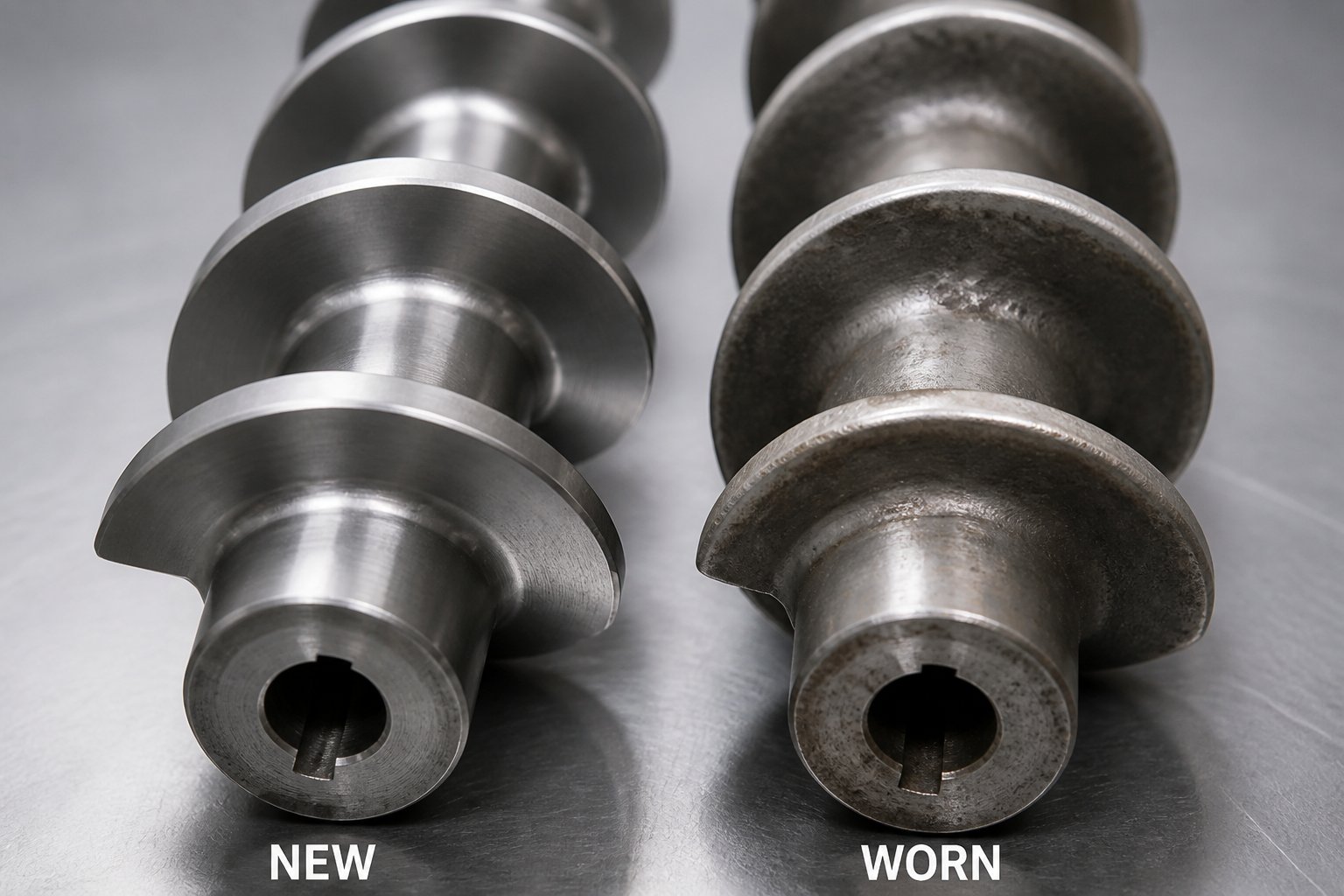 new versus worn twin screw conveying elements showing flight tip erosion that affects clearance shear rate and processing consistency
