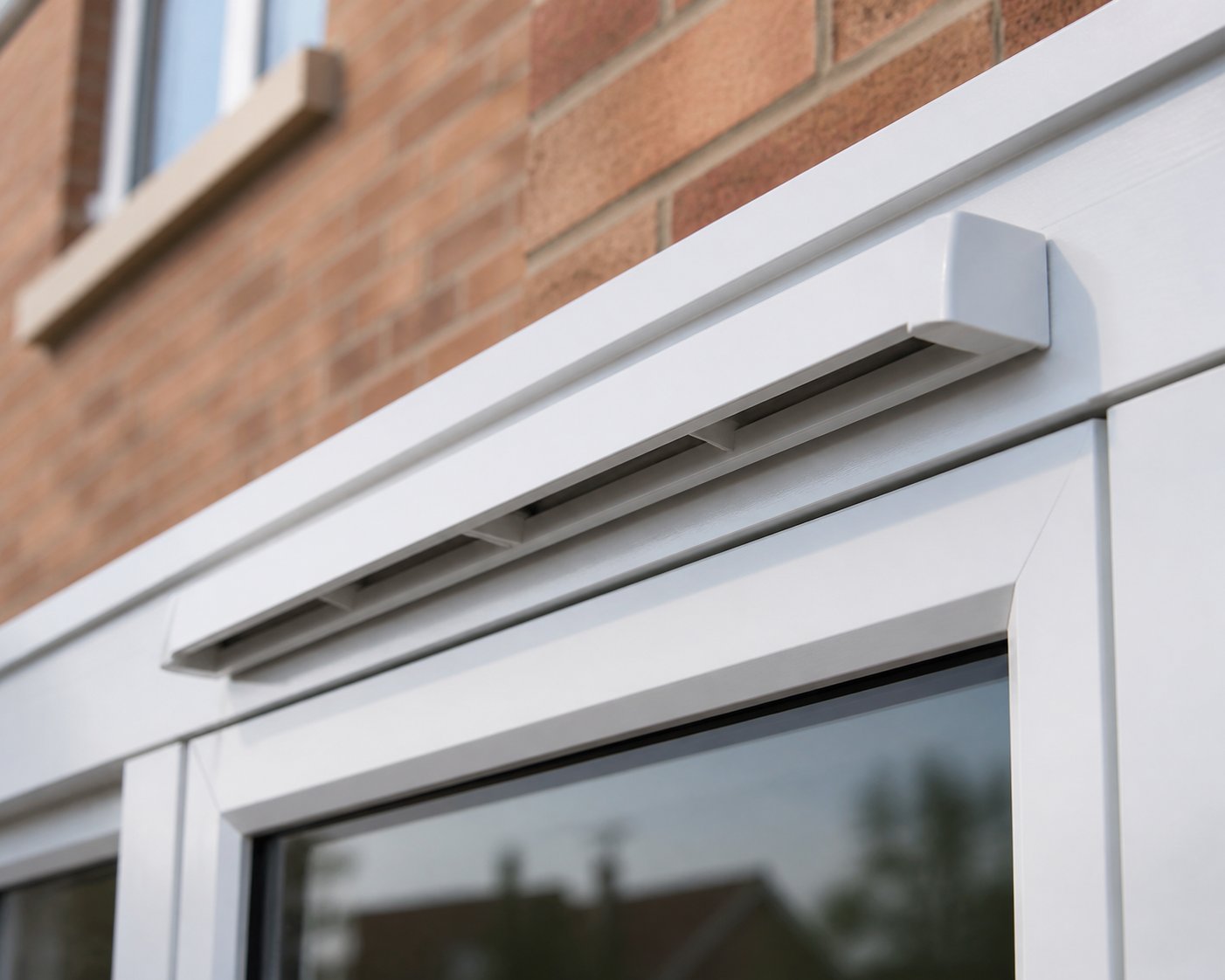 a trickle vent canopy mounted on the exterior of a upvc window frame shielding the vent slot from weather while allowing background airflow