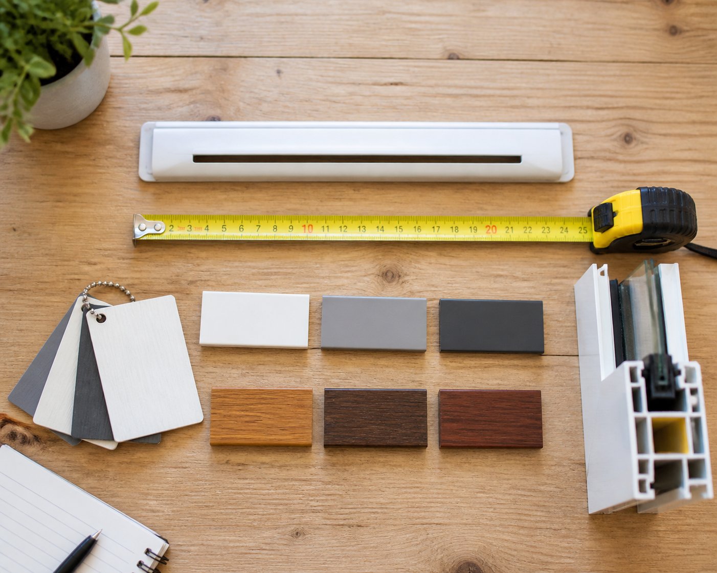 tools and samples laid out for selecting the correct trickle vent canopy size colour and profile