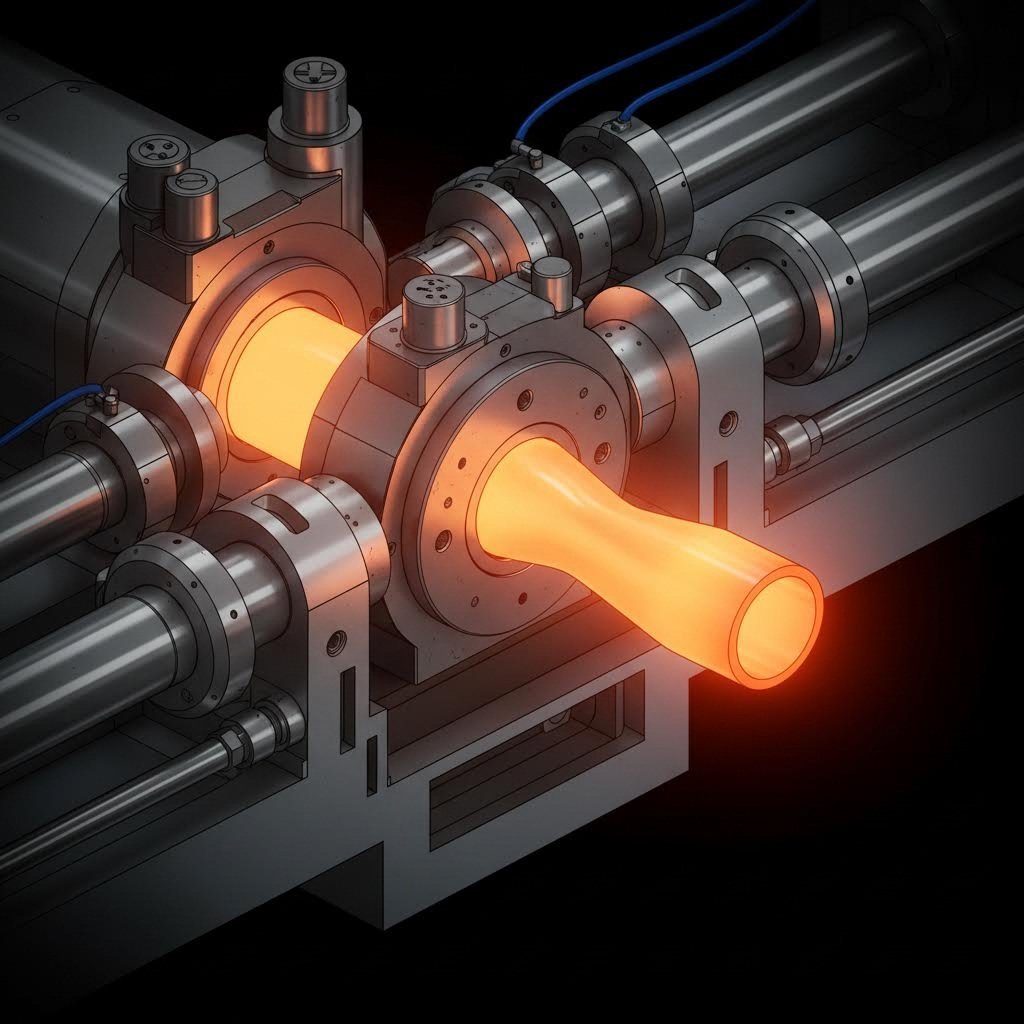 aluminum extrusion process showing heated billet forming into round tube profile