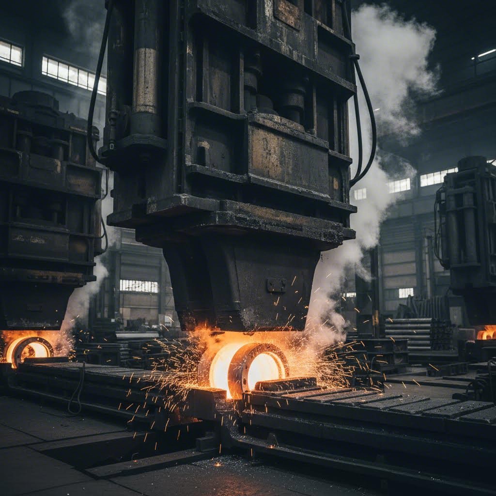 industrial forging press applying extreme pressure to heated aluminum billet during wheel manufacturing