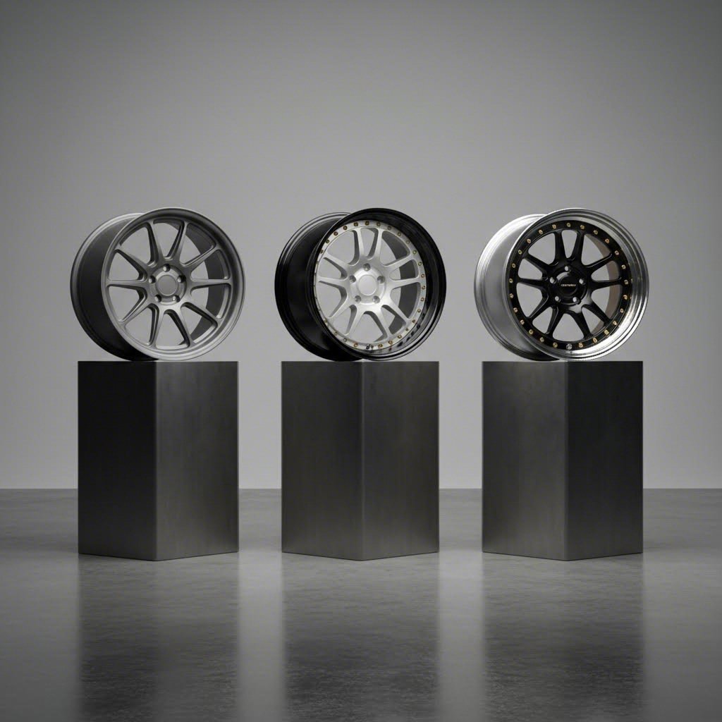 side by side comparison of monoblock two piece and three piece forged wheel construction methods