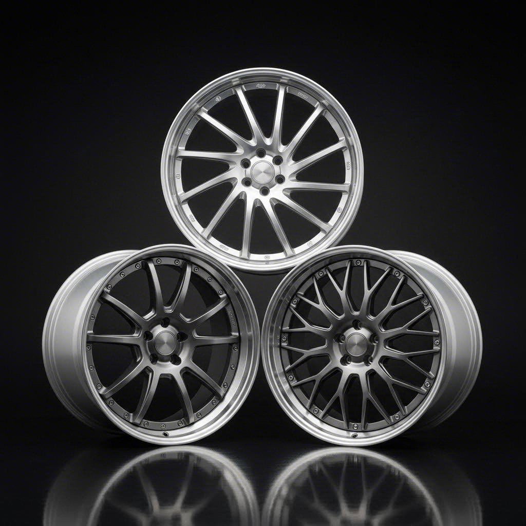 three forged wheel construction types monoblock two piece and three piece designs showcasing precision engineering