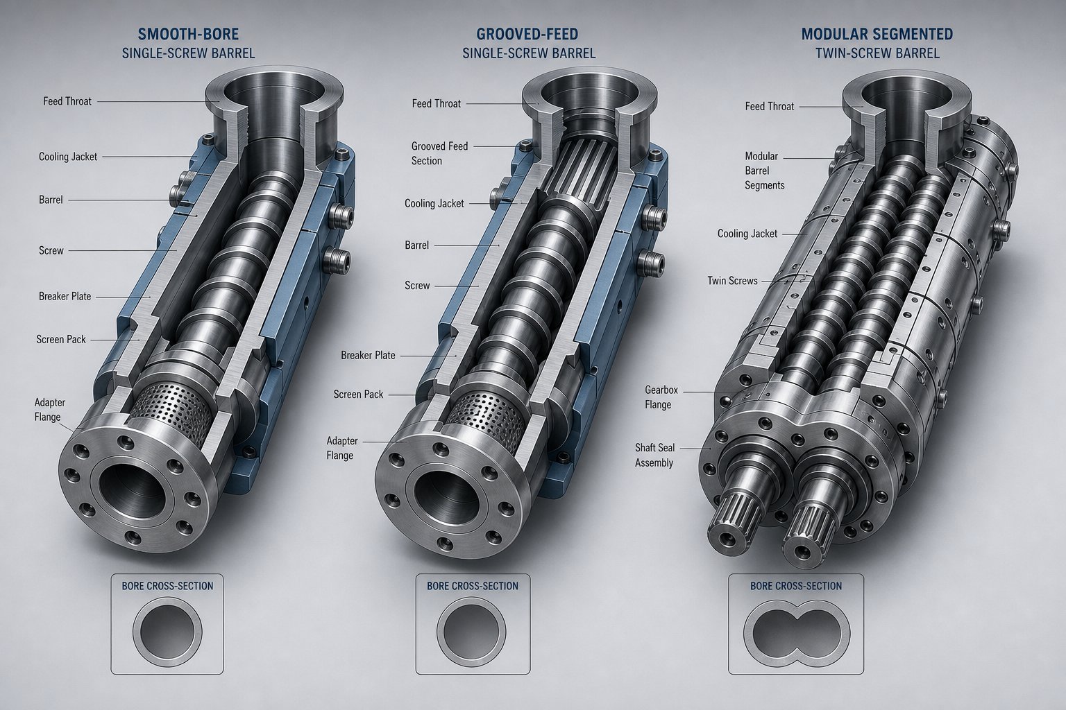 cross section views of smooth bore grooved feed and twin screw extruder barrel configurations
