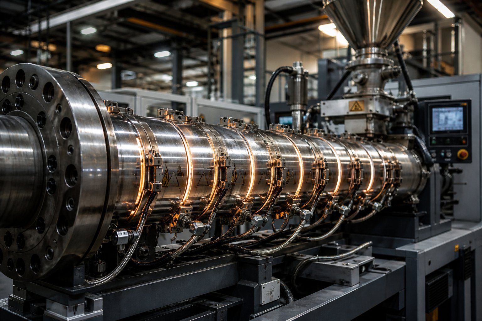 extruder barrel with heating bands installed on a production extrusion line