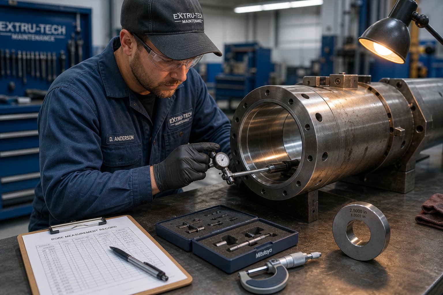 technician performing bore measurement during scheduled barrel maintenance