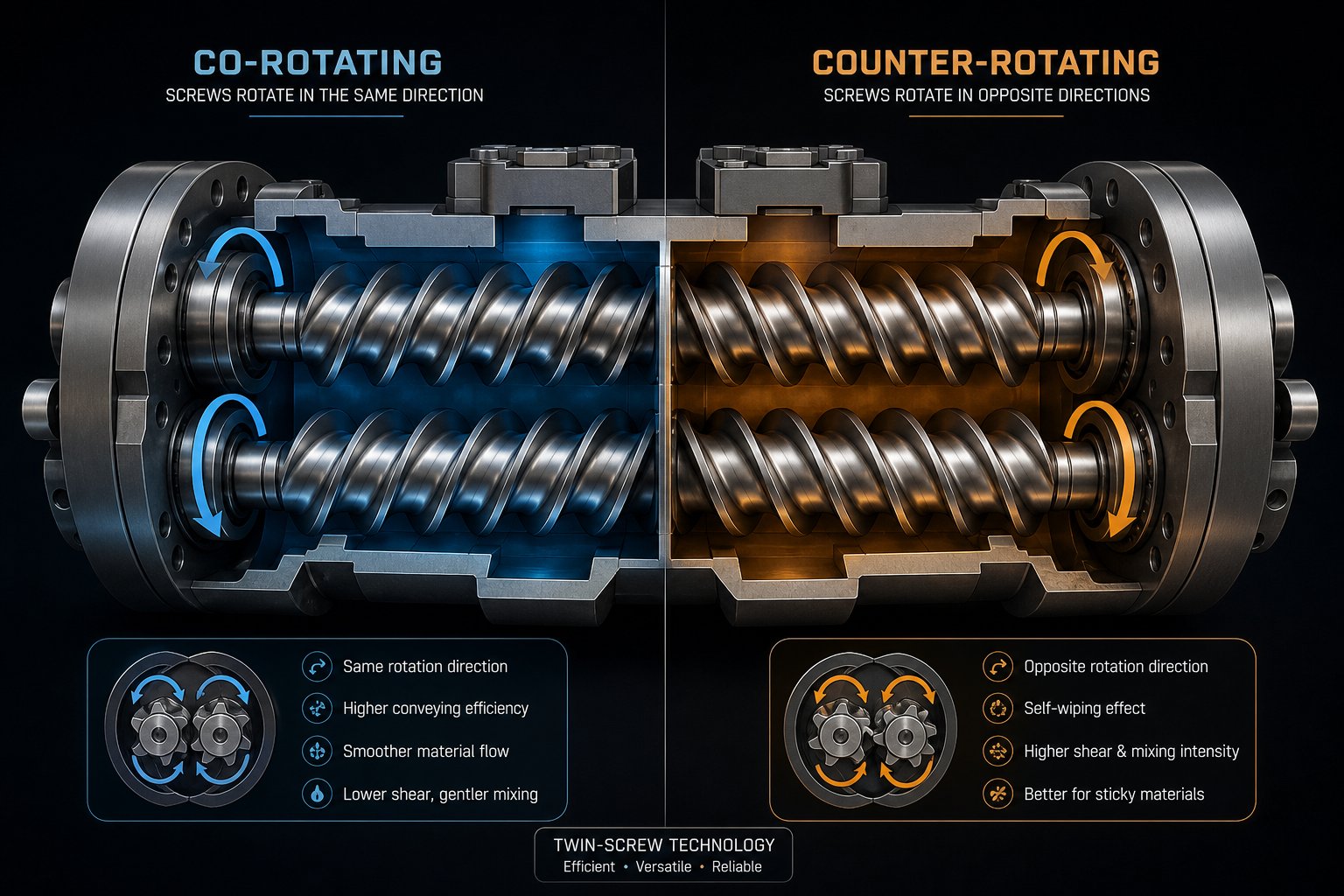 co rotating versus counter rotating parallel twin screw configurations showing opposite rotation directions and their distinct material flow behaviors
