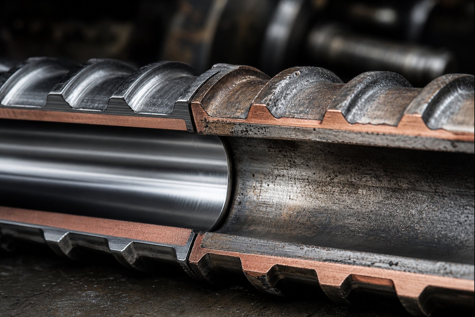 cross section of a parallel twin screw barrel showing bimetallic liner construction designed to resist abrasive and corrosive wear in compounding applications