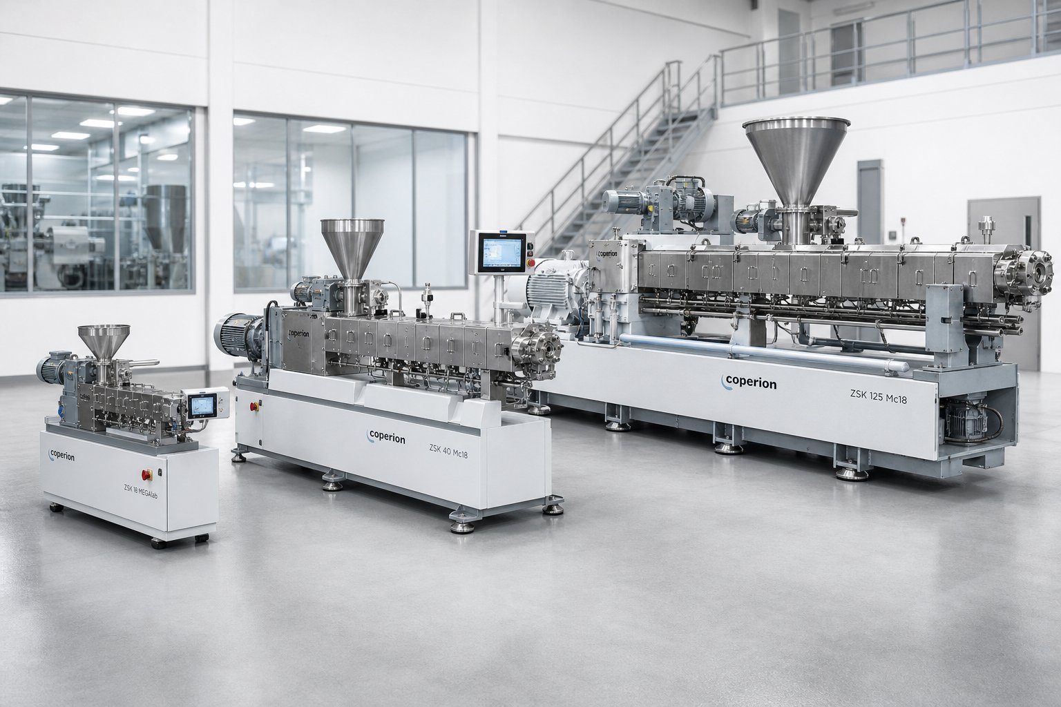 lab scale to production scale parallel twin screw extruders illustrating the progression from formulation development to commercial manufacturing