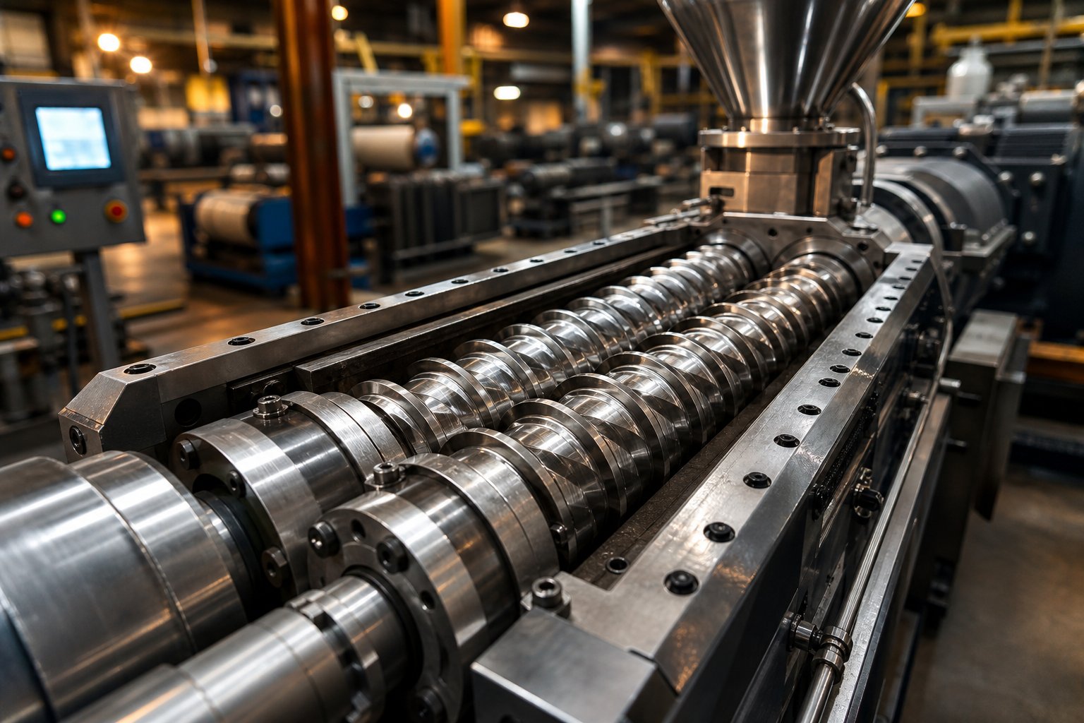 parallel twin screw extruder with intermeshing screws visible inside the barrel the dominant platform for modern polymer compounding