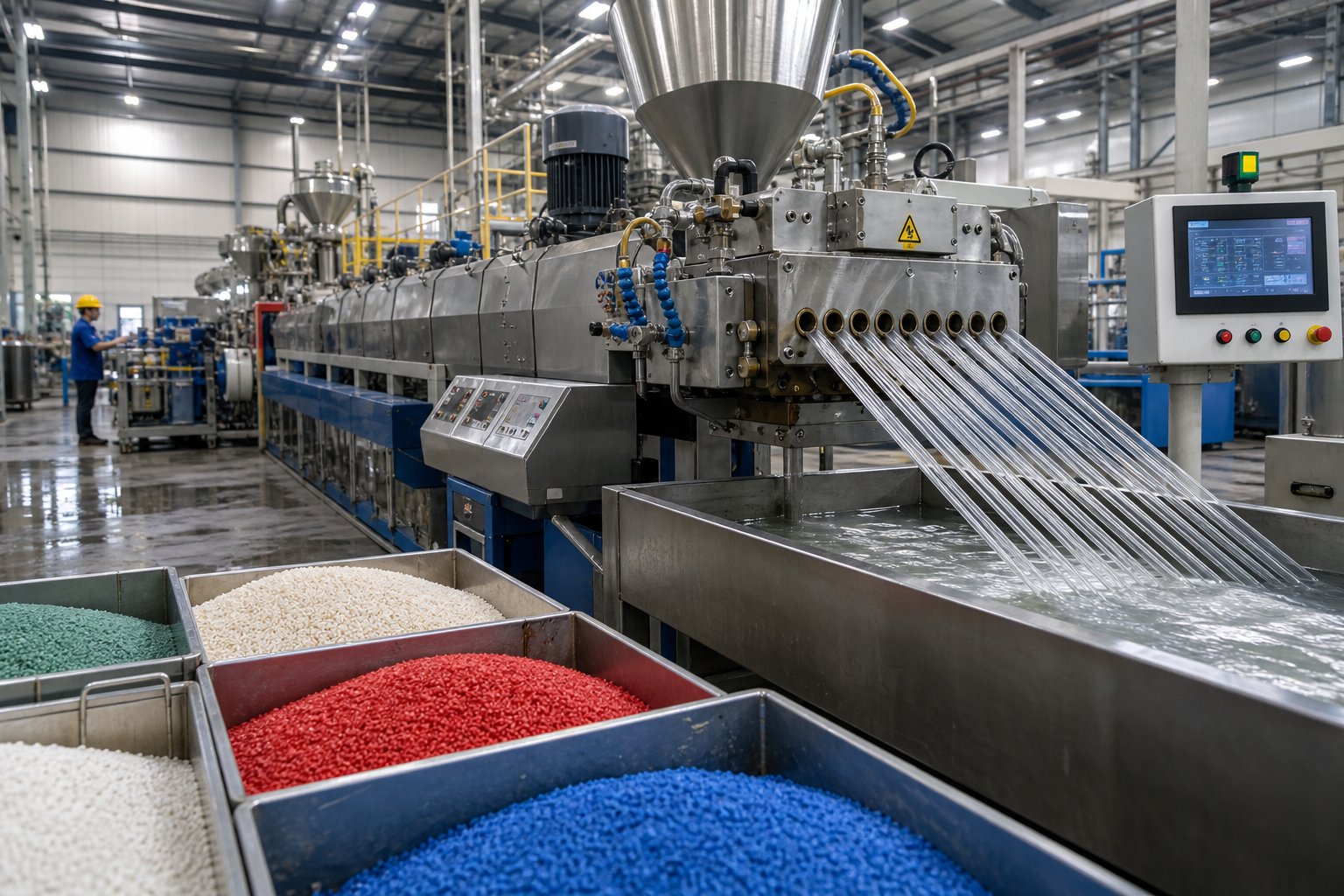 production scale parallel twin screw compounding line processing polymer compounds into uniform pellets for downstream applications