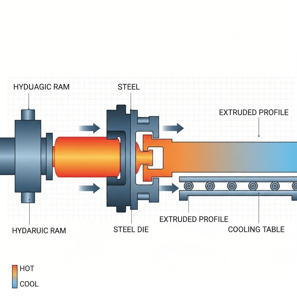 aluminum extrusion process from heated billet through die to finished profile
