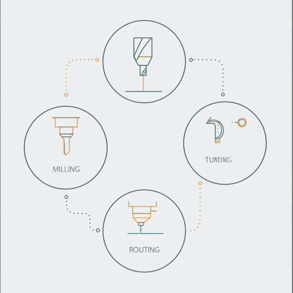 diagram showing the core processes of custom plastic machining milling turning and routing