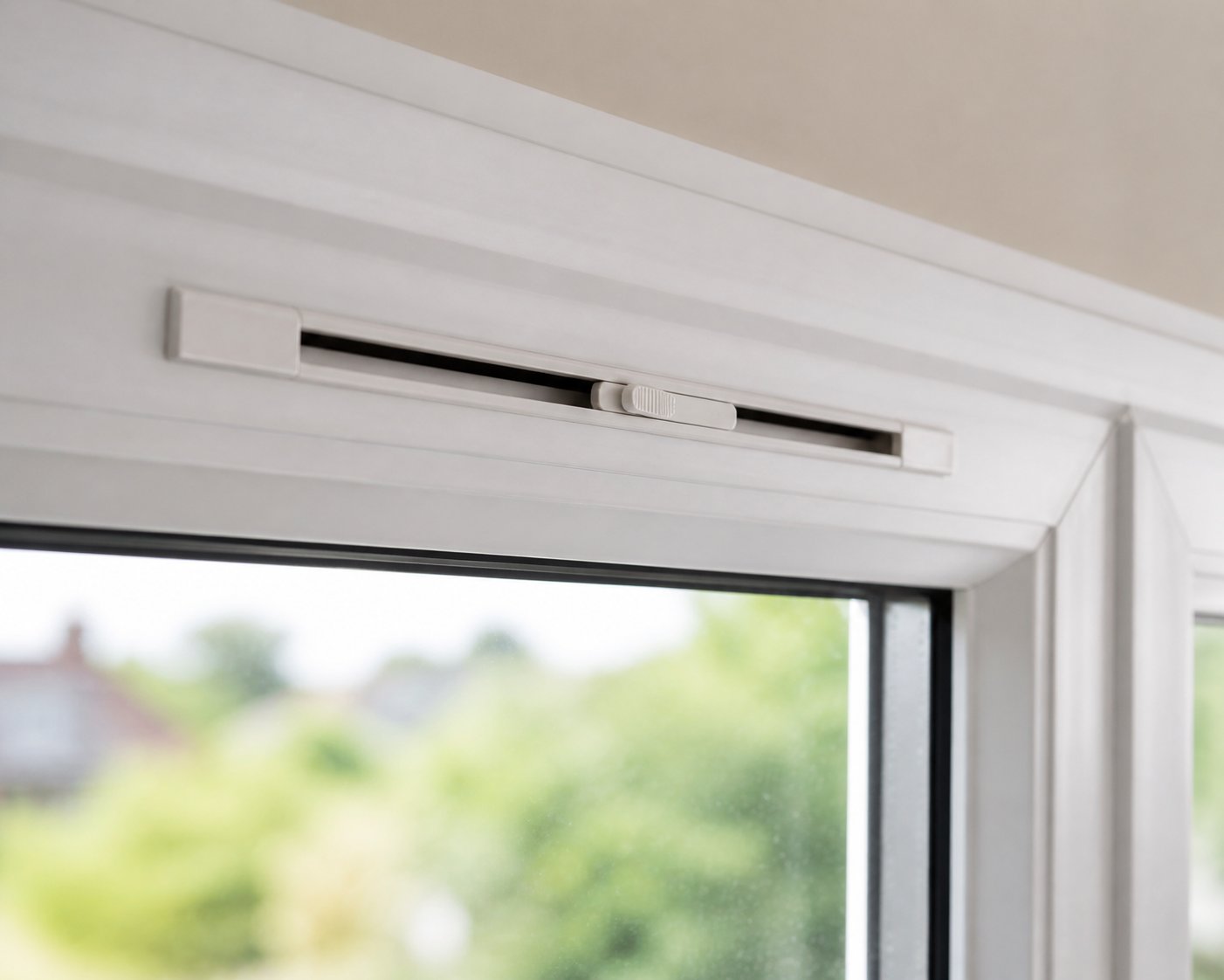 a trickle vent installed in the head of a upvc window frame providing controlled background ventilation while the window stays closed and locked