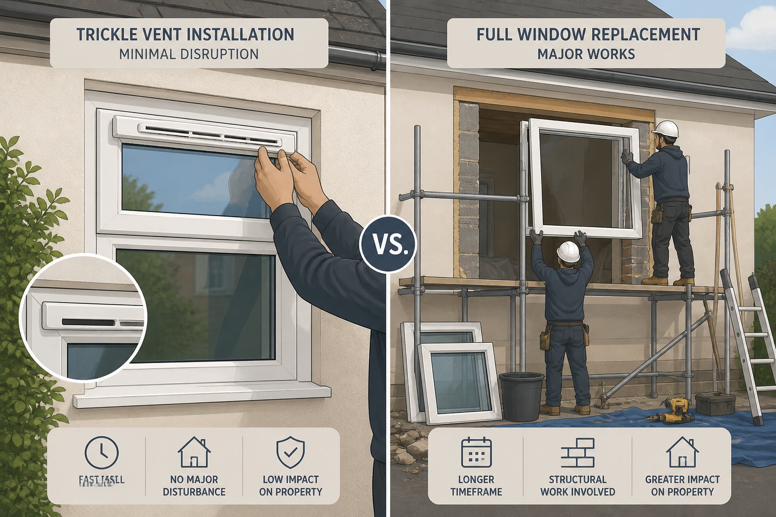 comparing the minimal disruption of a trickle vent retrofit against the larger scale process of full window replacement
