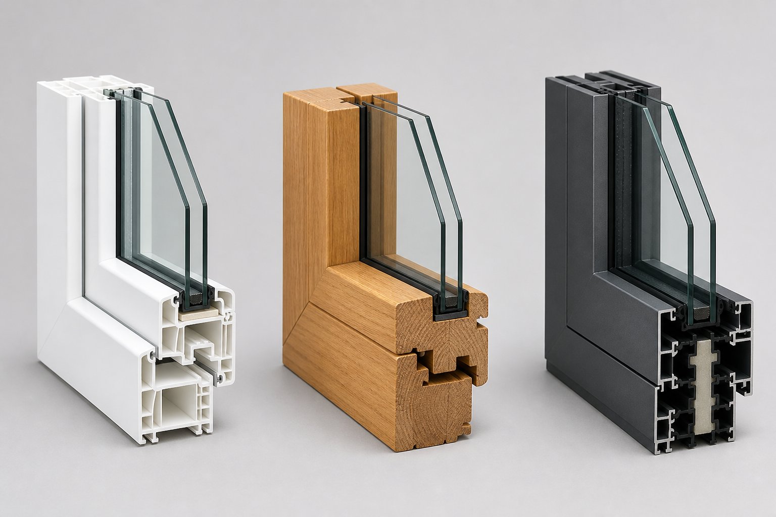 cross section profiles of upvc timber and aluminium window frames each presenting different retrofit challenges for trickle vent installation