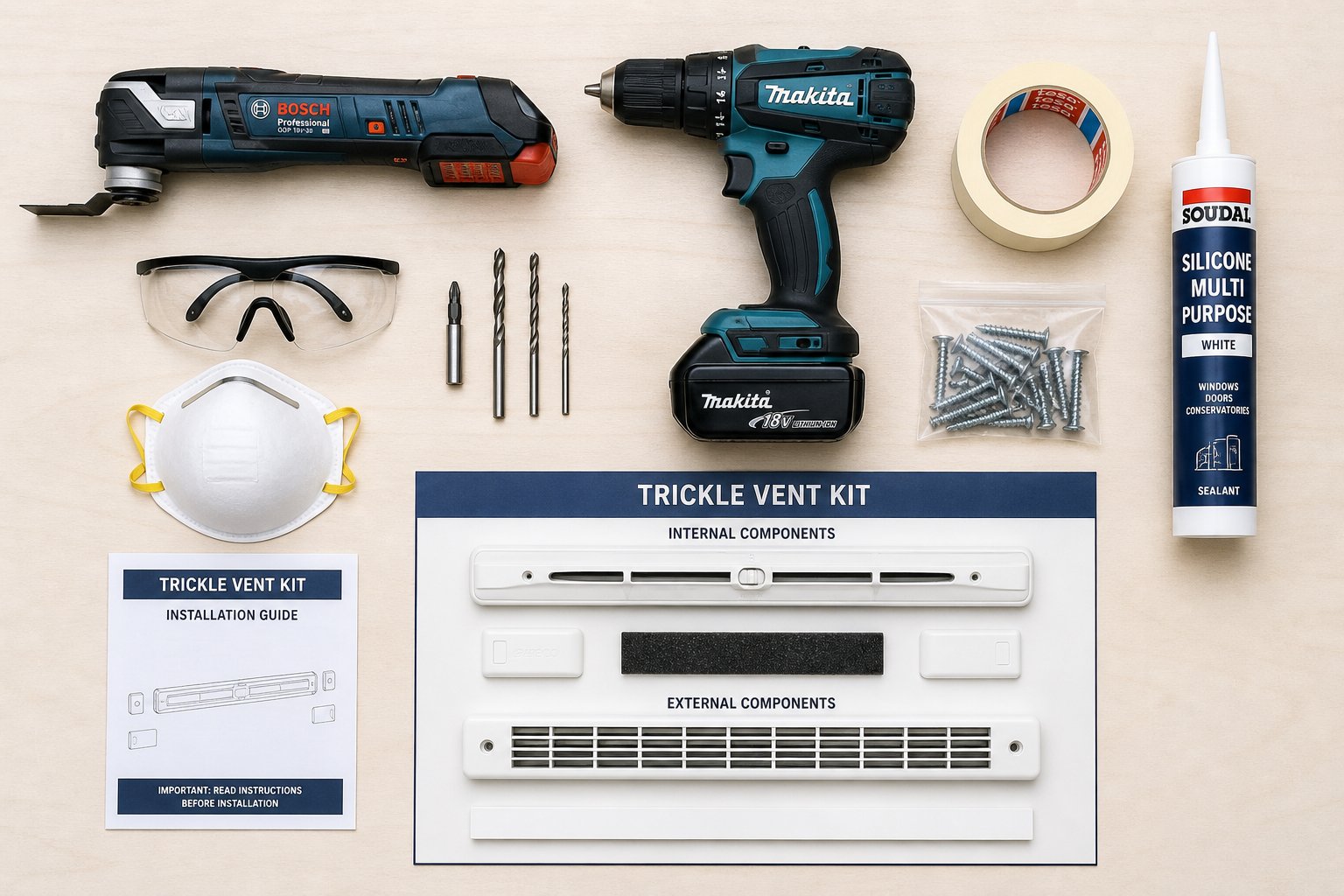 essential tools and materials laid out for a diy trickle vent retrofit including the vent kit cutting tool drill sealant and safety equipment