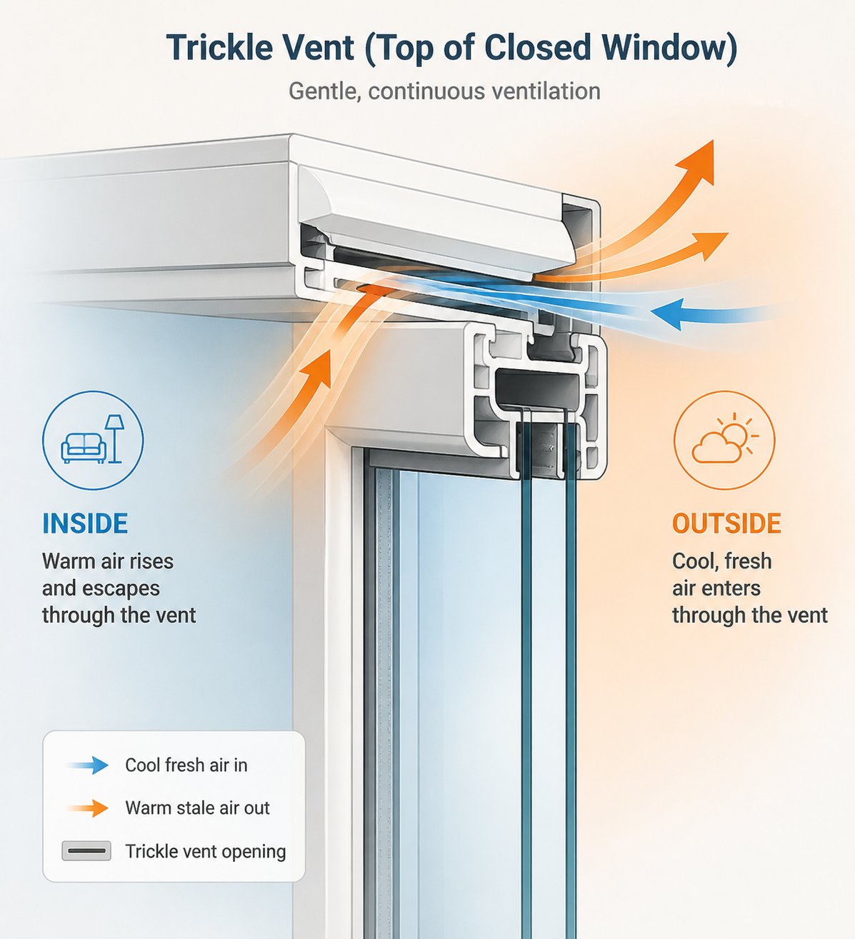 passive airflow through a trickle vent exchanges warm moist indoor air for cooler drier outdoor air reducing condensation on window glass