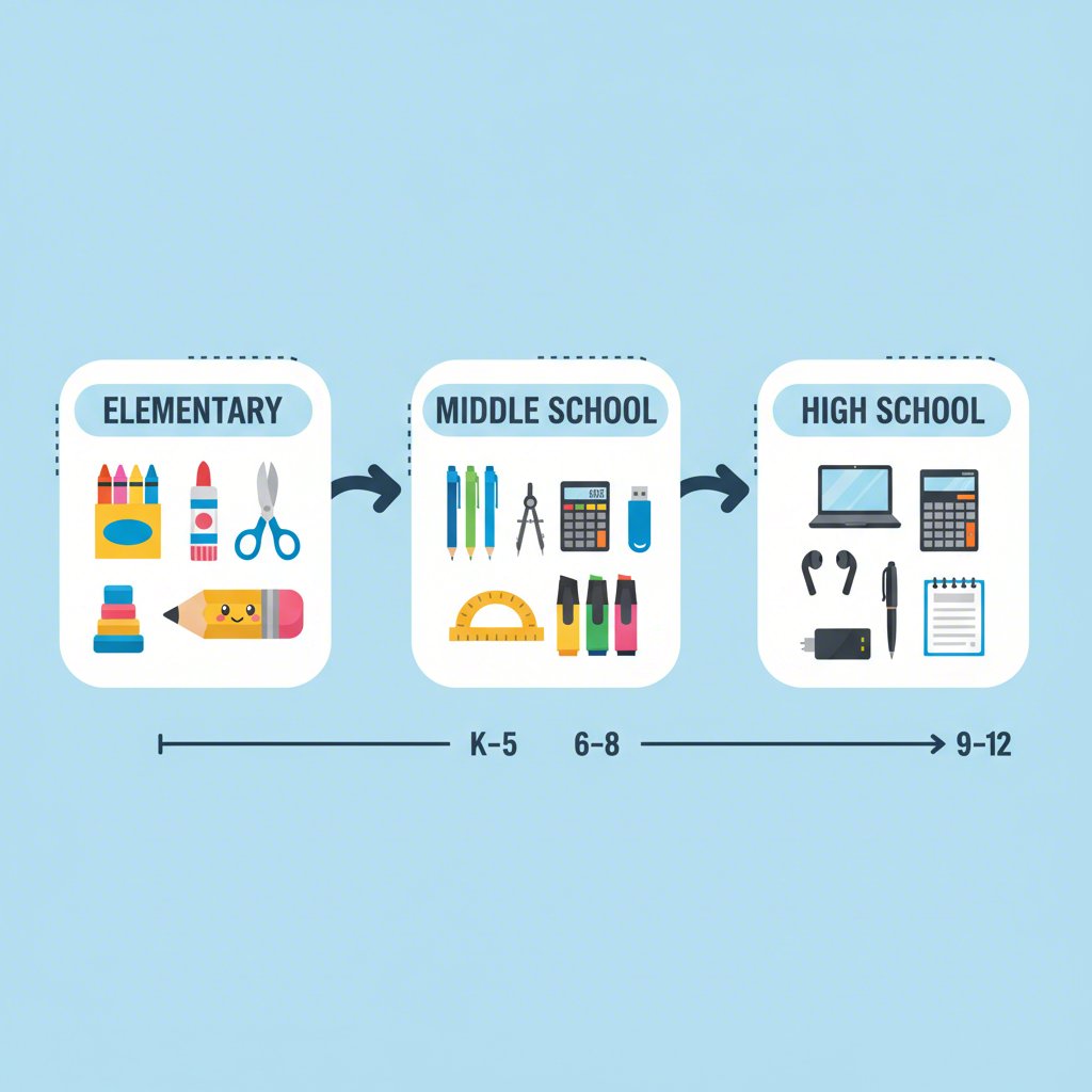 an illustration showing how pencil pouch needs change from elementary to high school