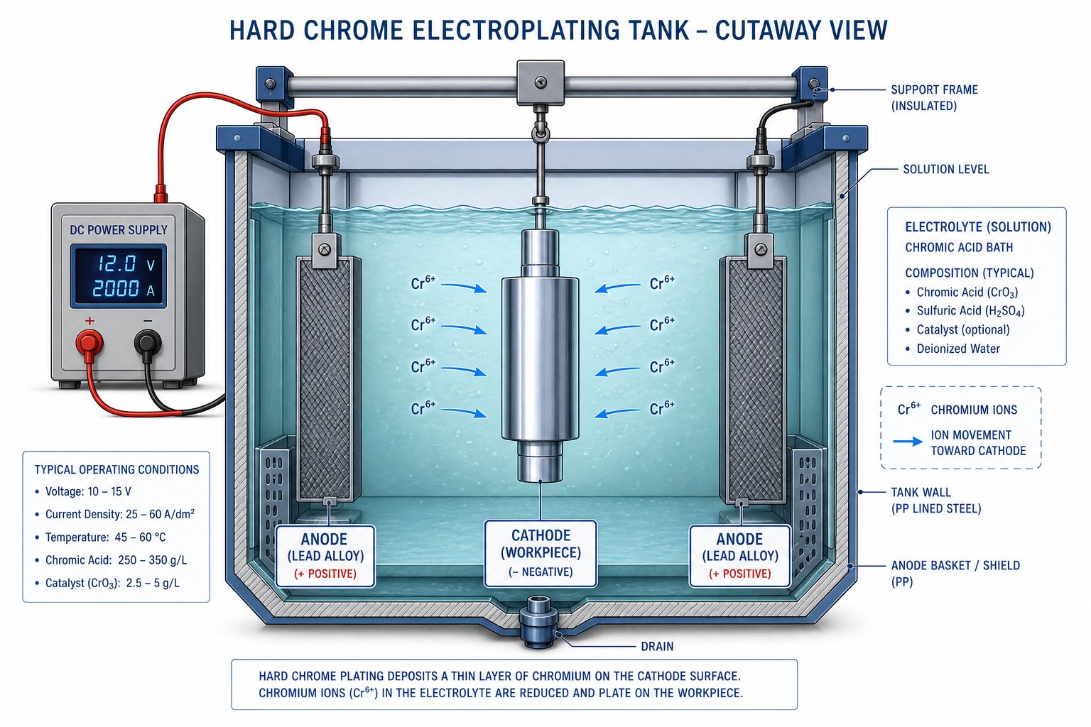 cross section view of a hard chrome electroplating setup with the workpiece cathode lead anodes and chromic acid bath