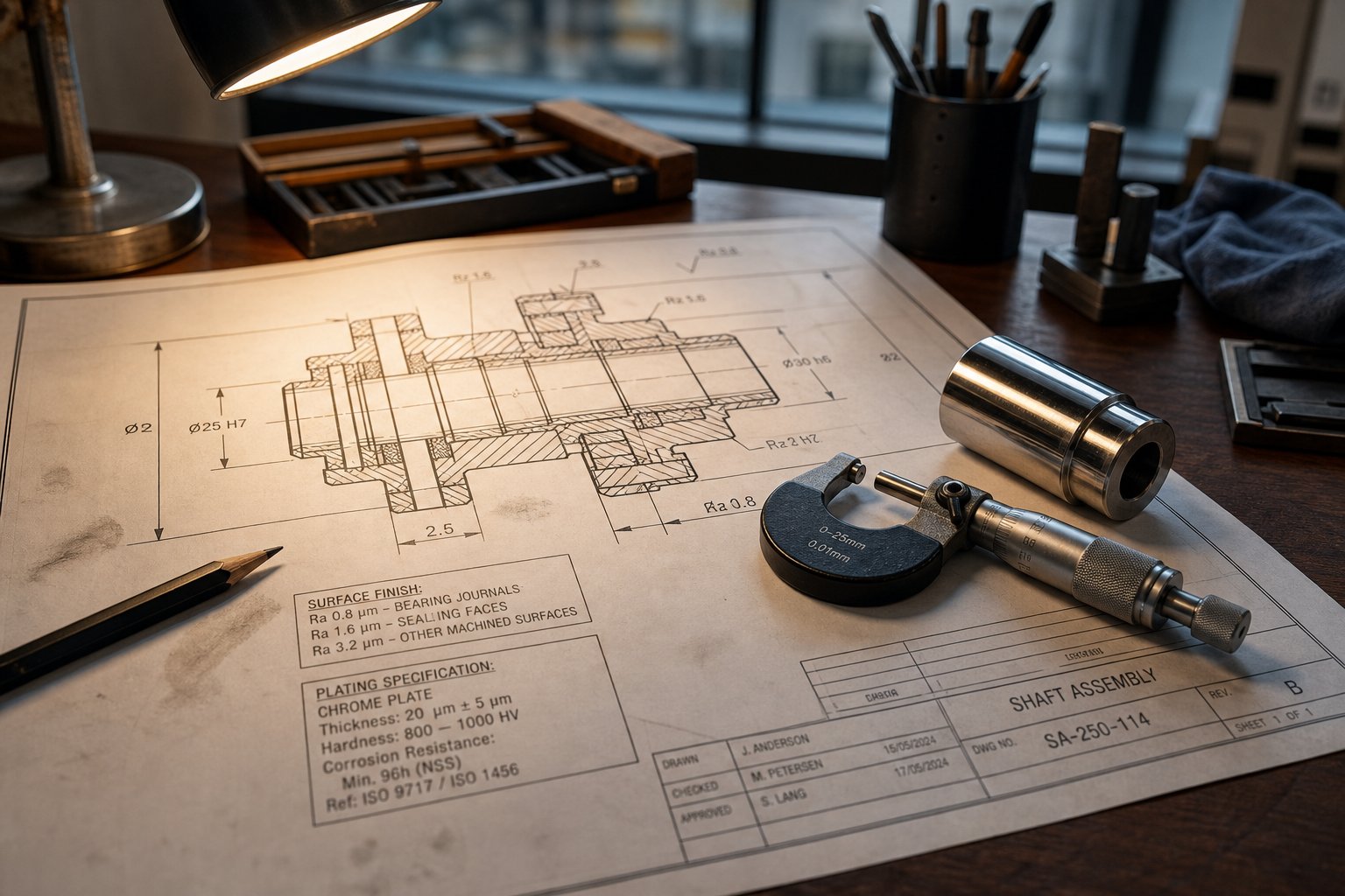 engineering drawing with hard chrome plating specification callouts alongside inspection tools and a plated sample