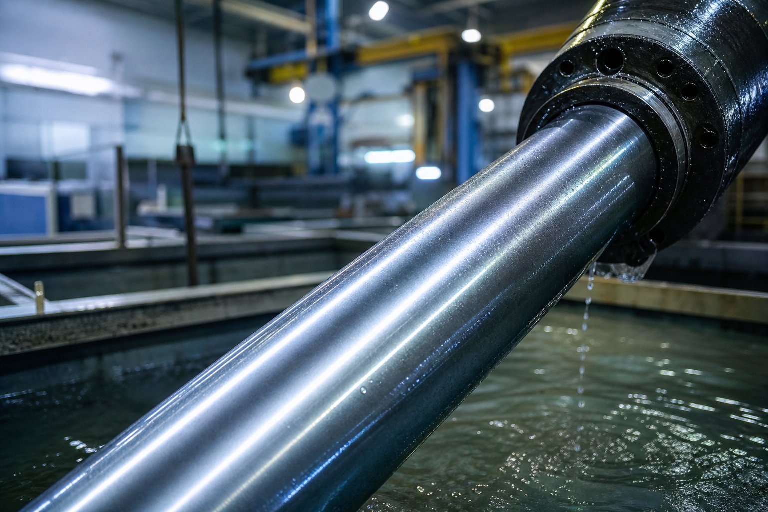 hard chrome plated hydraulic cylinder rod showcasing the dense wear resistant chromium deposit used across heavy industry