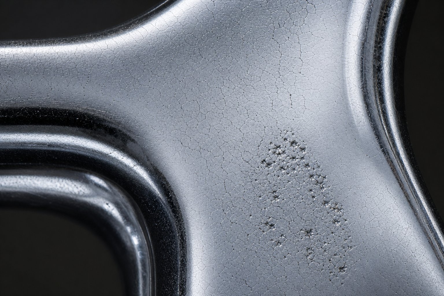 magnified view of micro crack patterns and pitting defects on a hard chrome plated surface under inspection lighting