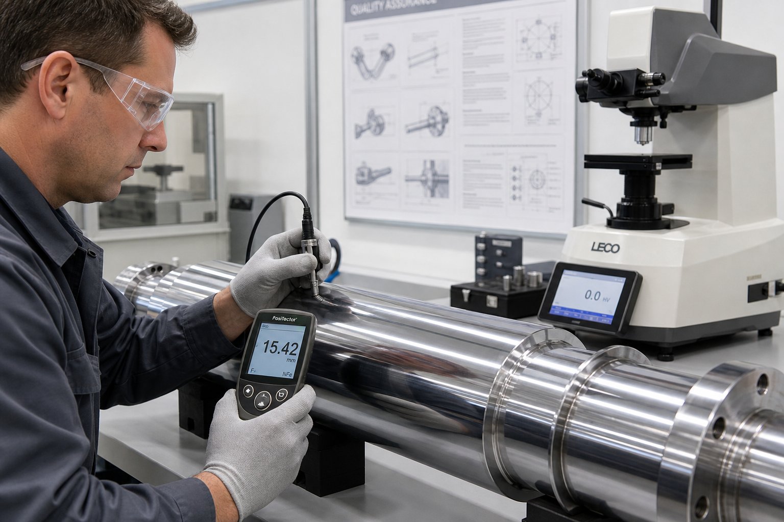 quality inspector measuring chrome deposit thickness on an industrial shaft using a magnetic induction gauge