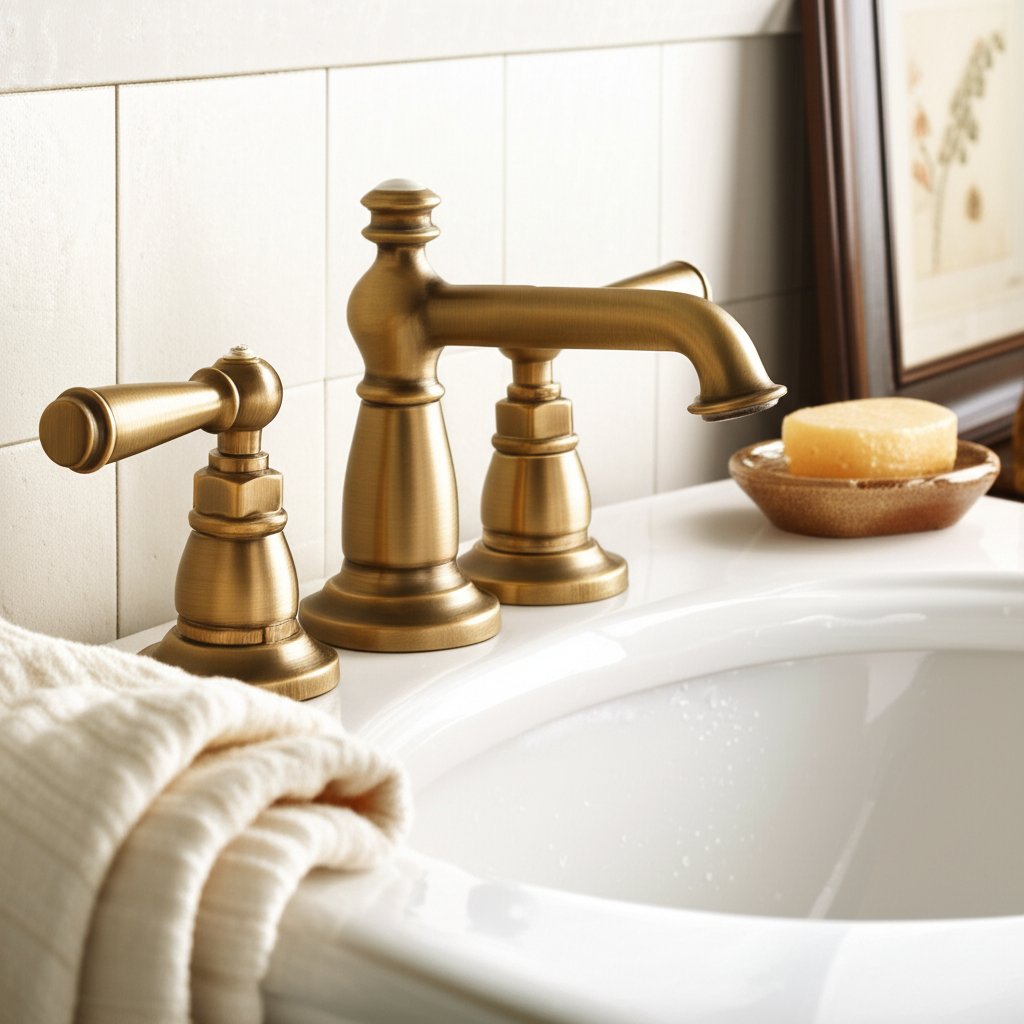 unlacquered brass widespread bathroom faucet developing a natural patina