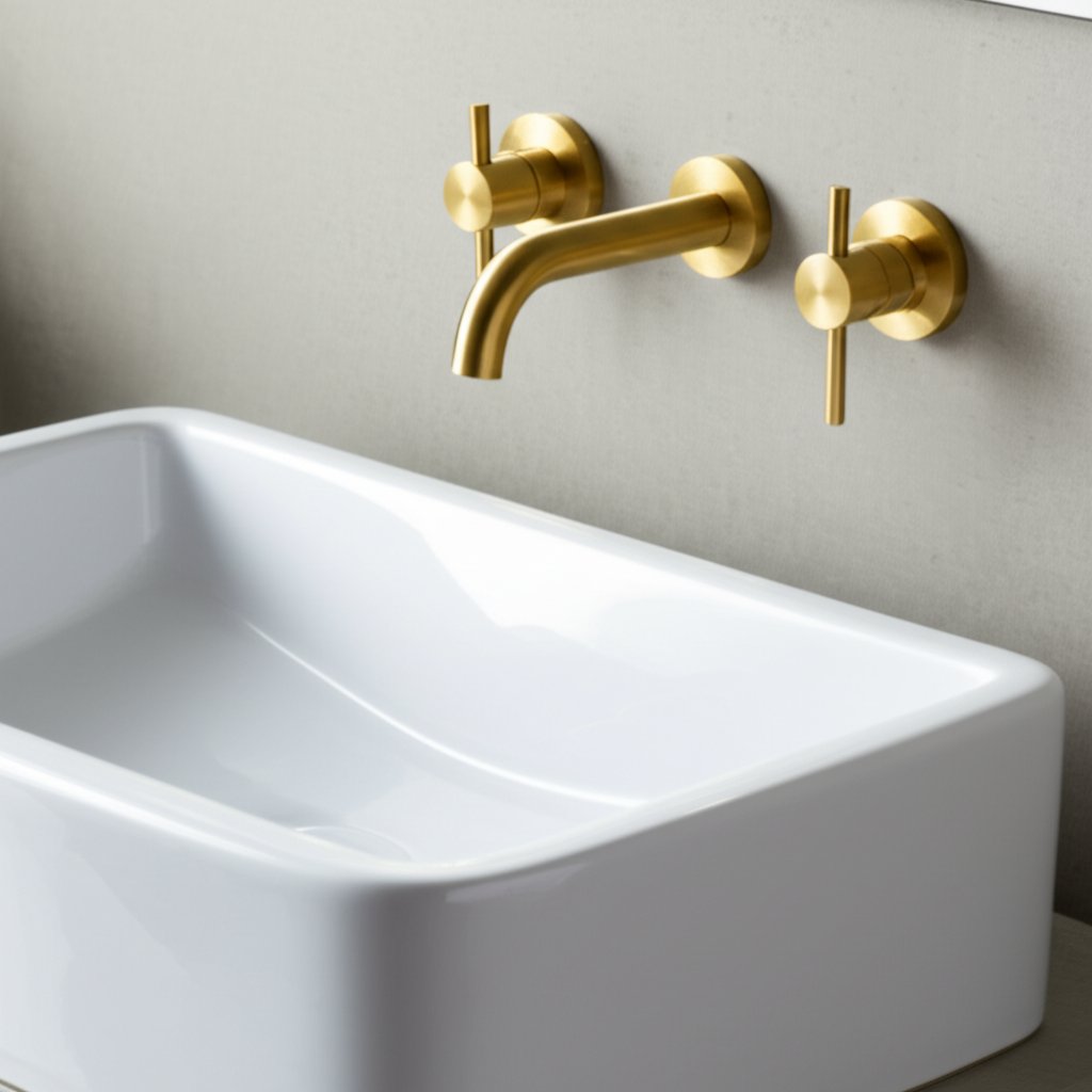 wall mounted brass faucet paired with a vessel sink for a modern look